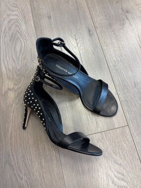 Tamara Mellon Black Ankle-Strap Heels with Gold Studs
